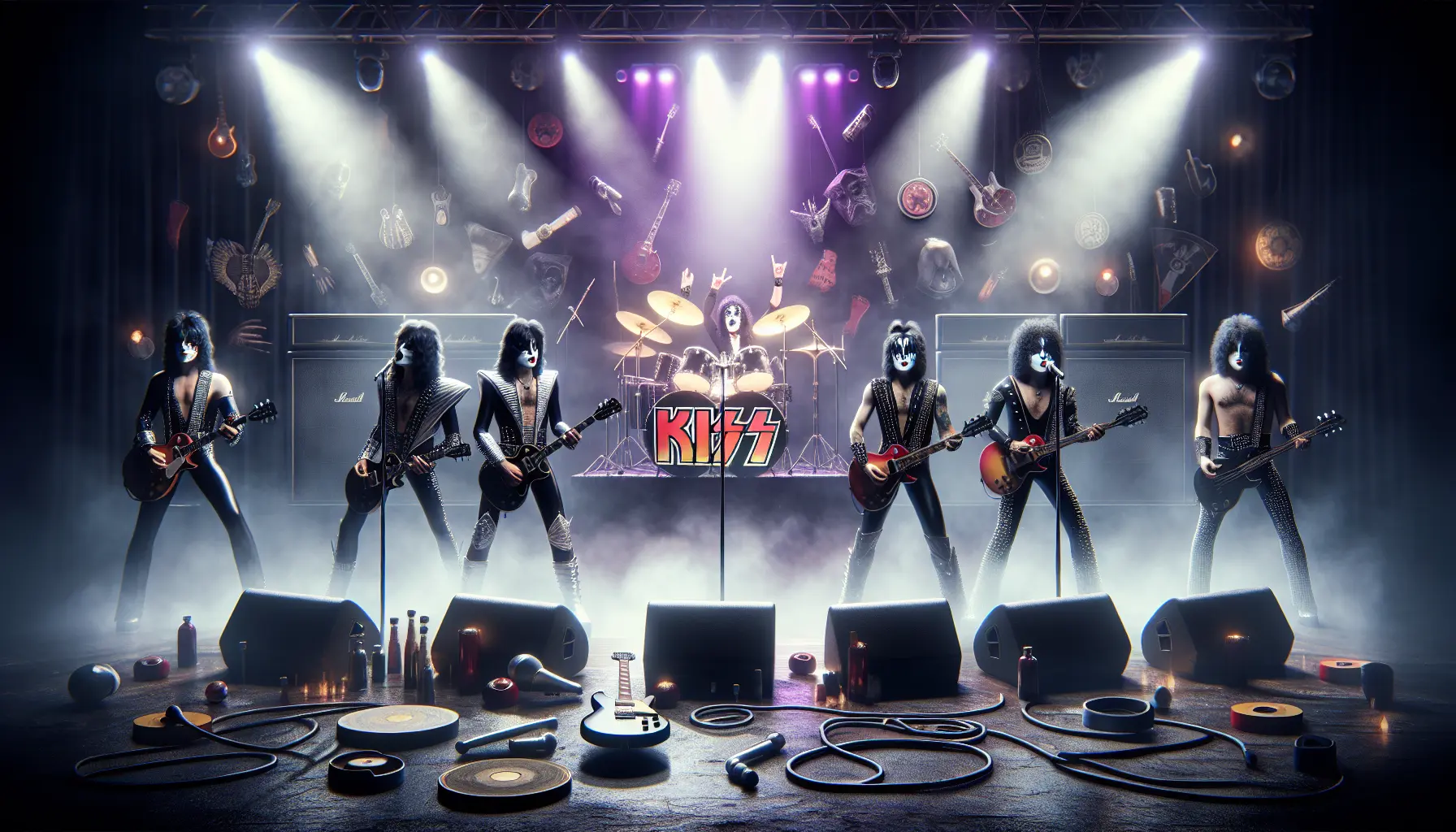 Spettacolo dal vivo della KISS Band con effetti pirotecnici e membri in costume