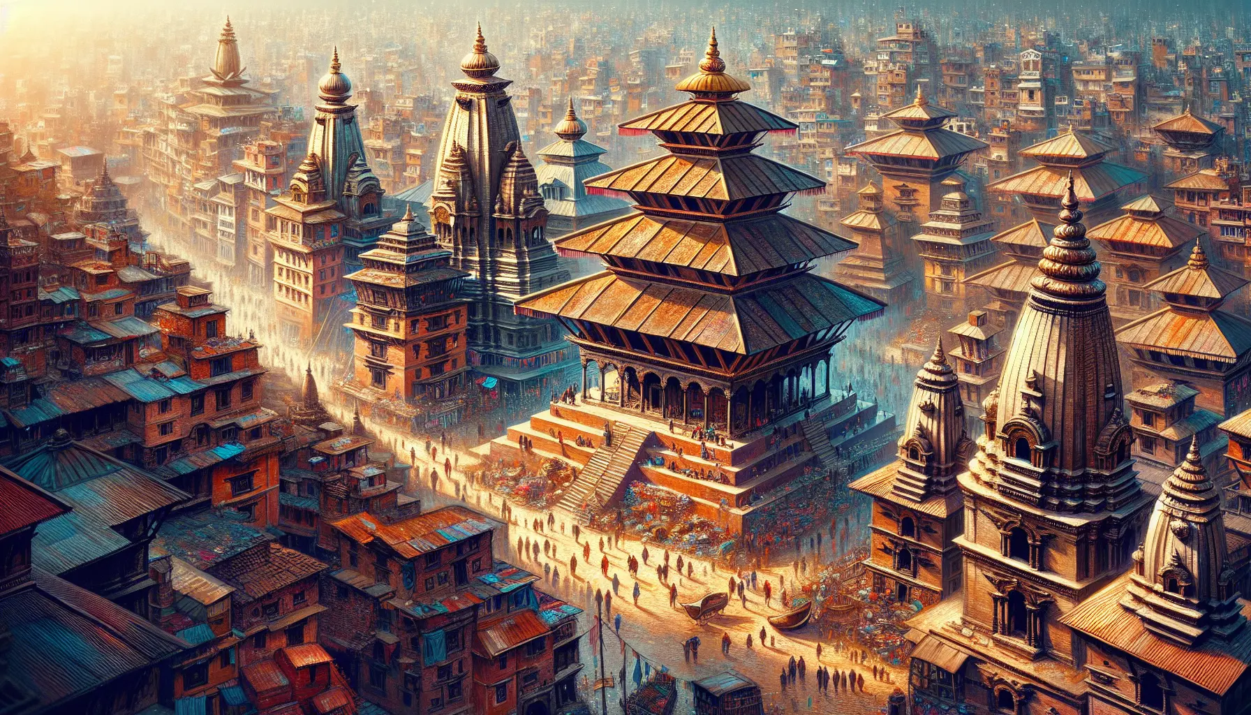 Vista panoramica di Kathmandu con templi antichi e mercati vivaci