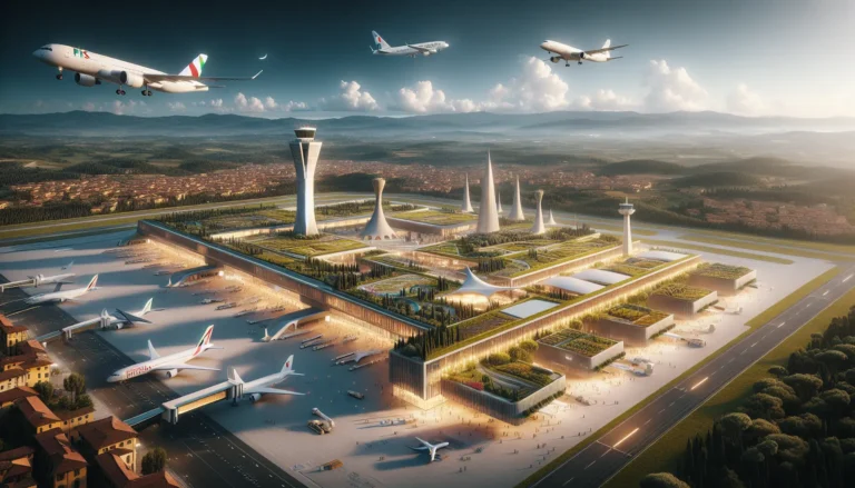 Interno moderno dell'aeroporto di Pisa con passeggeri in attesa e aree di ristoro