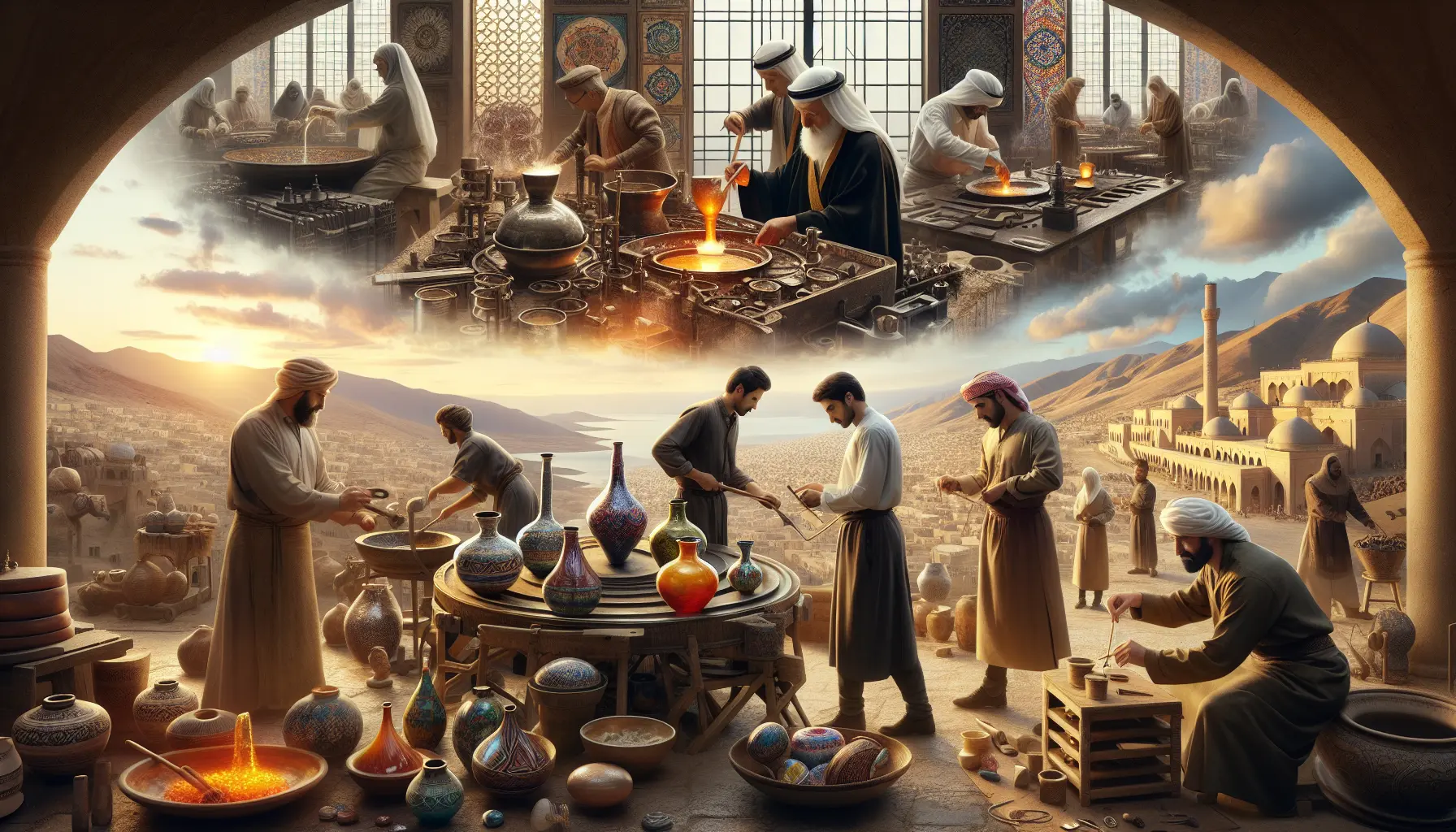 Un artigiano al lavoro, circondato da materiali e strumenti tradizionali, mentre crea un pezzo unico di artigianato.