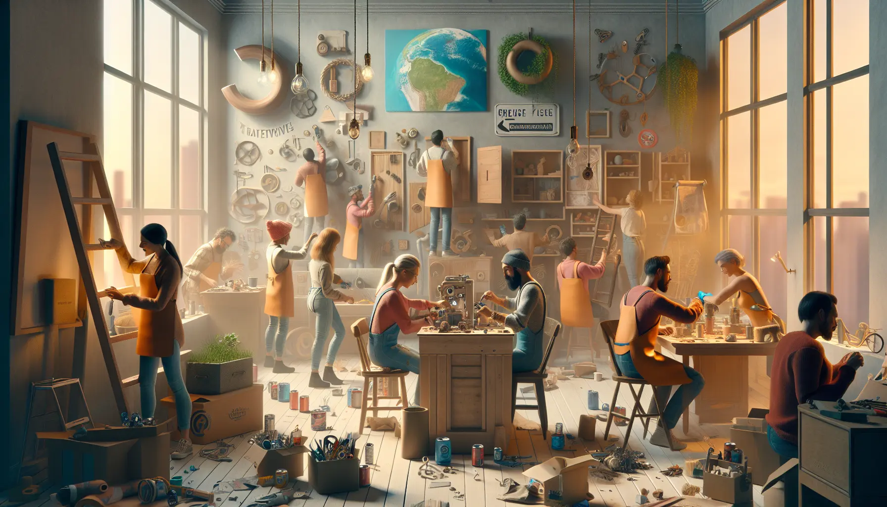 Un gruppo di persone che lavorano a progetti di fai-da-te, circondati da materiali e strumenti creativi.