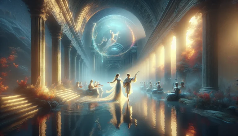 Rappresentazione di una scena dell'opera Euridice di Jacopo Peri, con musicisti e attori in costume.