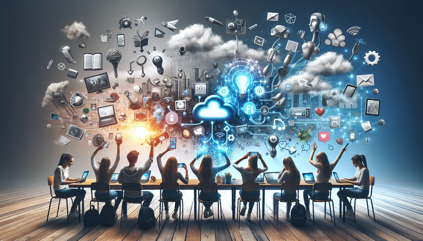 Giovani che utilizzano i social media in un ambiente luminoso e positivo, rappresentando la connessione e l'interazione online.