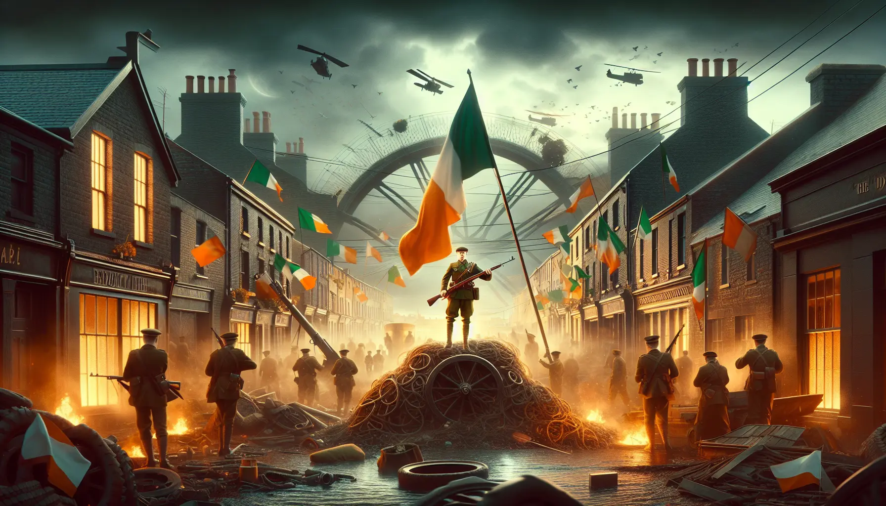 Un'immagine evocativa della lotta per l'indipendenza irlandese, con simboli e bandiere che rappresentano l'Irish Republican Army.