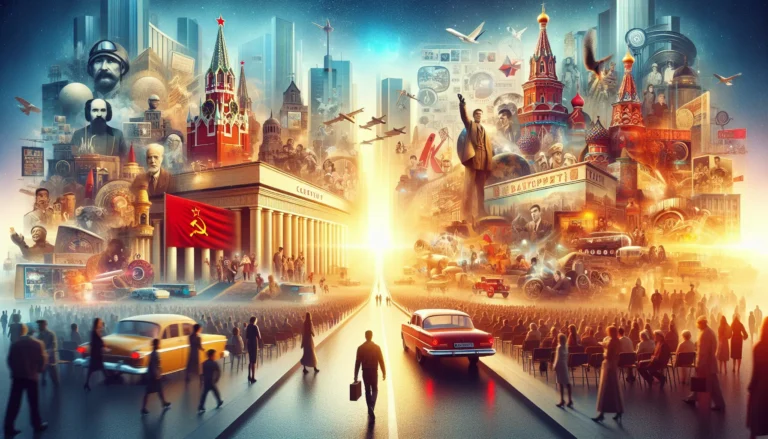 Immagine rappresentativa della cultura e dell'innovazione nell'Unione Sovietica, con simboli artistici e scientifici