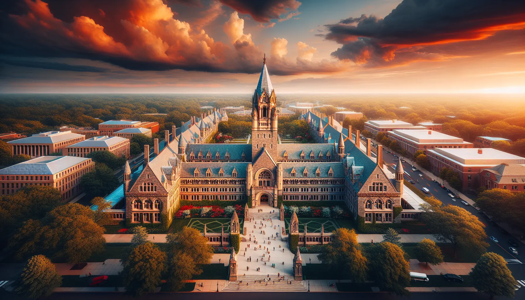 Vista panoramica del campus di Princeton con i suoi storici edifici e giardini lussureggianti.