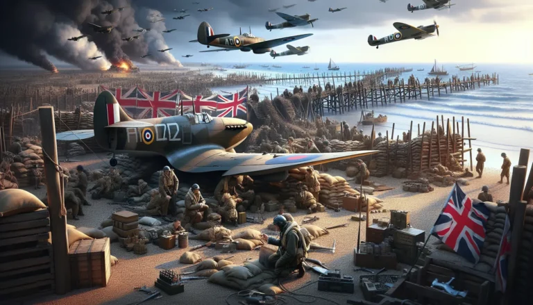 Un caccia Spitfire della Royal Air Force in volo durante la Battaglia d'Inghilterra, simbolo di coraggio e resilienza.