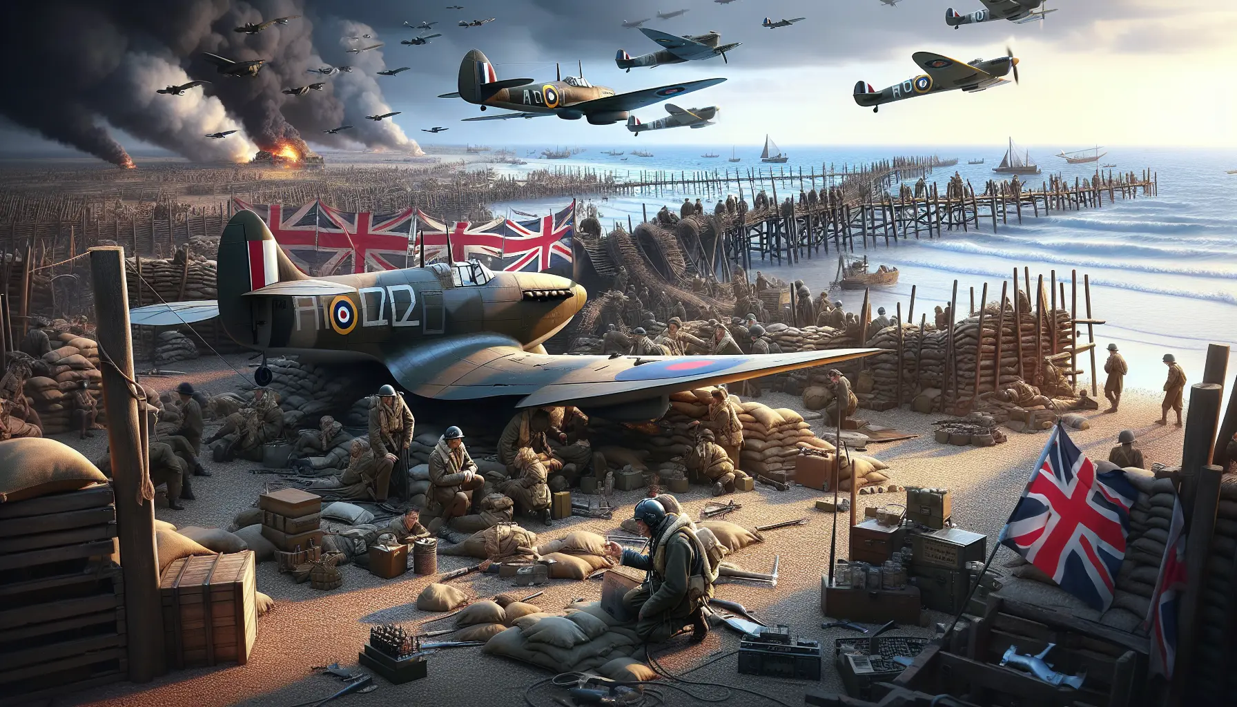 Un caccia Spitfire della Royal Air Force in volo durante la Battaglia d'Inghilterra, simbolo di coraggio e resilienza.