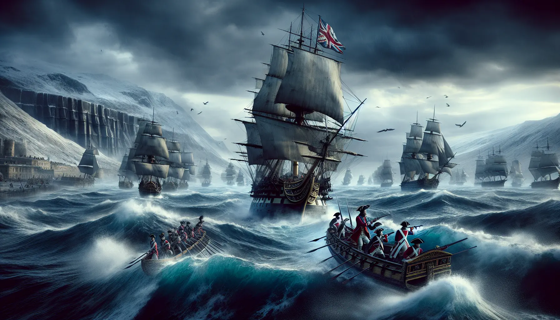 Un dipinto che rappresenta la battaglia di Trafalgar, con navi da guerra britanniche in azione contro la flotta franco-spagnola, fumogeni e cannoni che sparano.