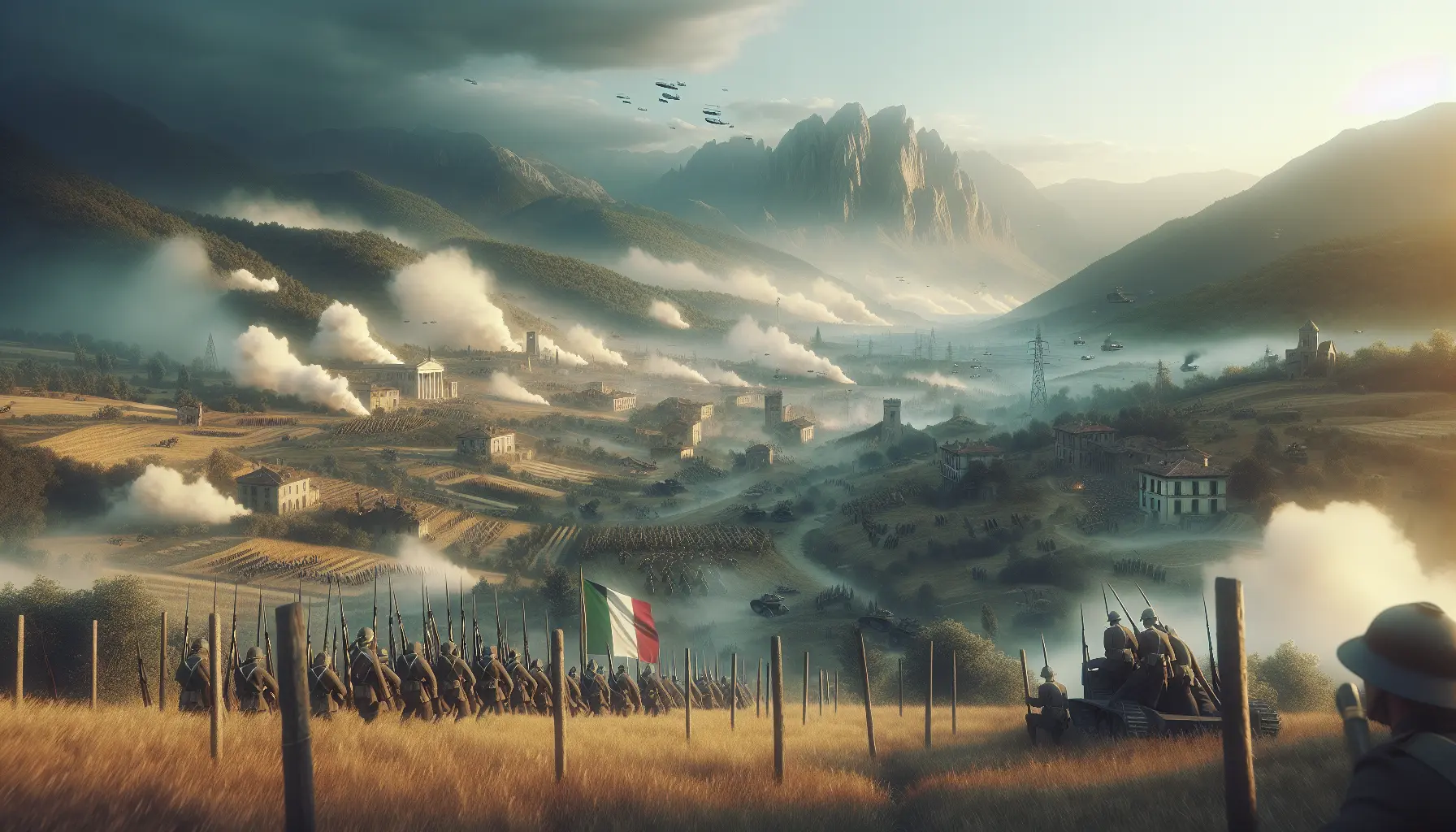 Rappresentazione della Battaglia di Vittorio Veneto con soldati italiani in azione e il paesaggio montano sullo sfondo.