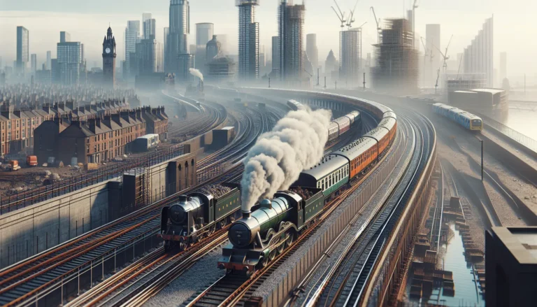 Un treno storico in movimento sulla ferrovia Liverpool-Manchester, circondato da paesaggi verdi e colline.