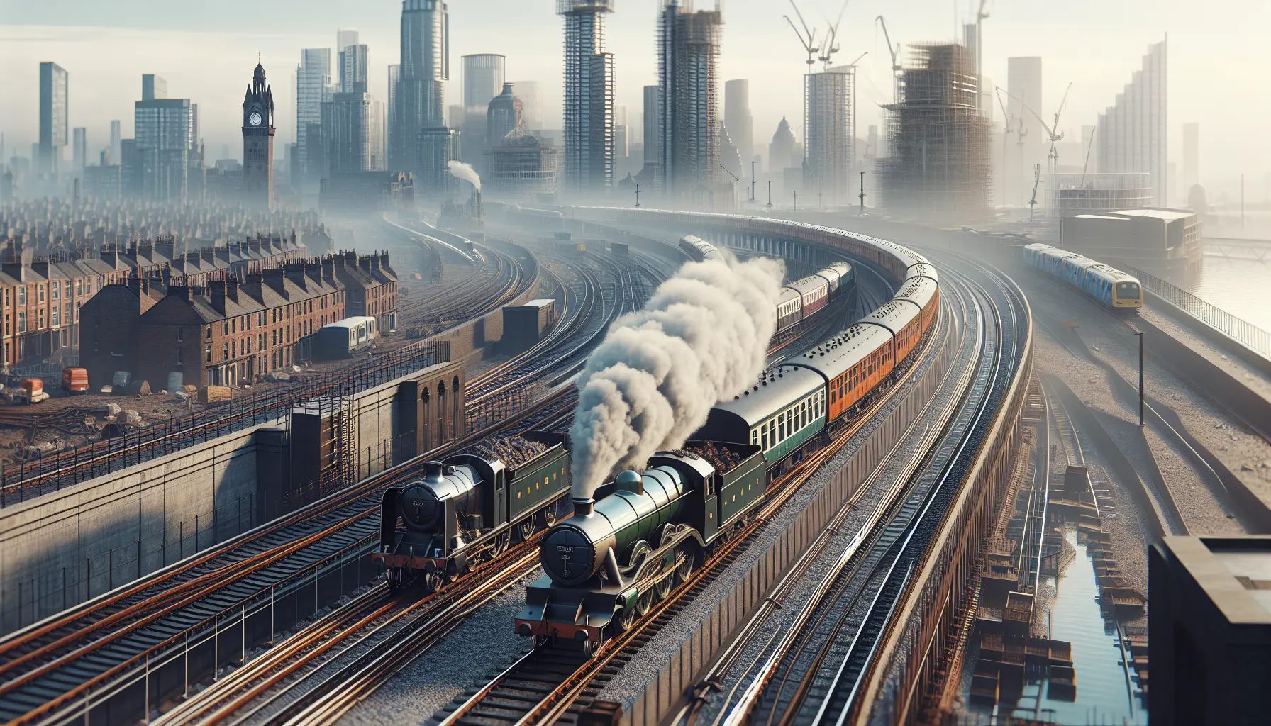Un treno storico in movimento sulla ferrovia Liverpool-Manchester, circondato da paesaggi verdi e colline.