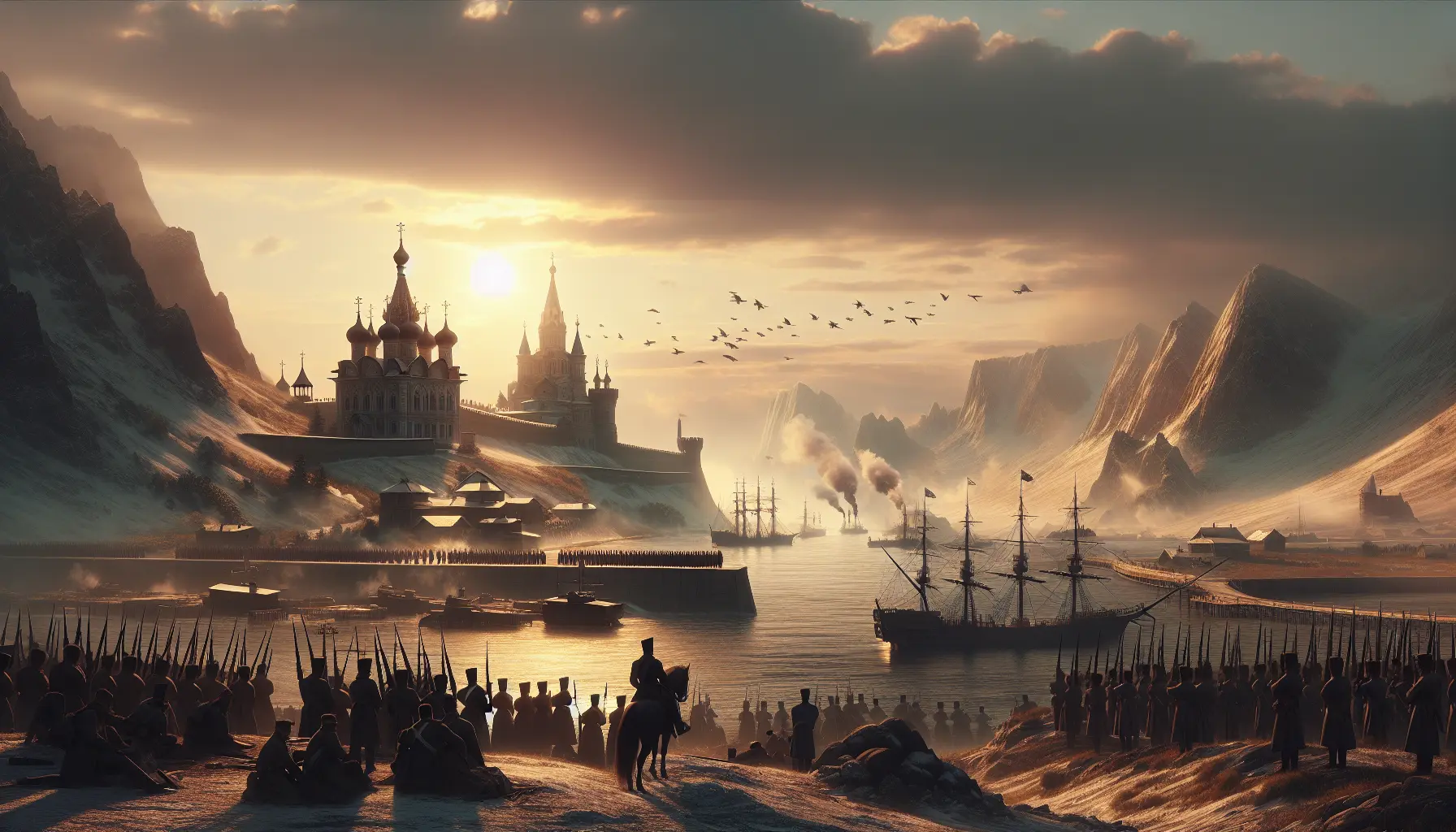 Rappresentazione storica della Guerra di Crimea con soldati in battaglia e il paesaggio devastato.