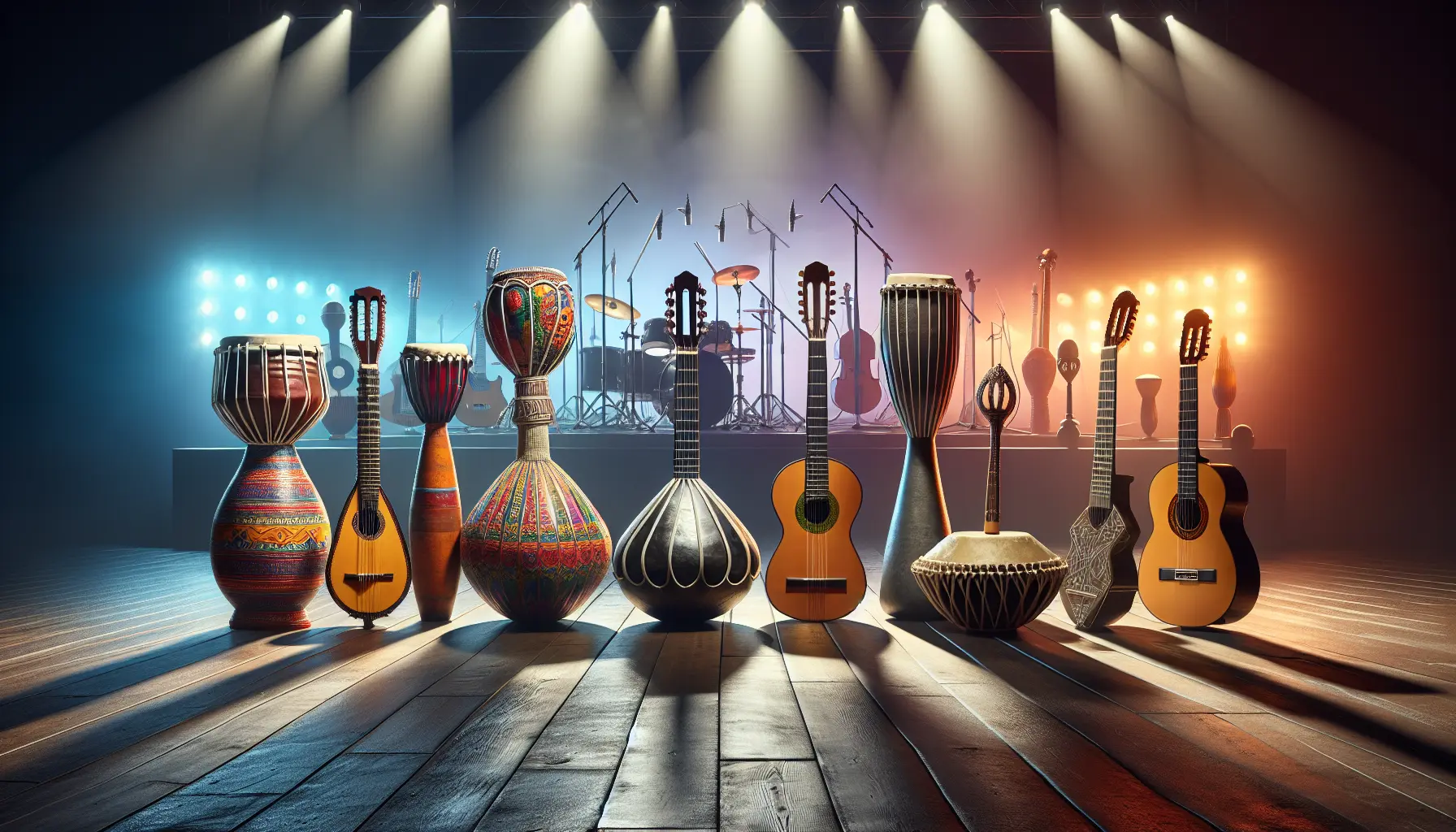 Un gruppo di musicisti che suonano strumenti tradizionali in un festival culturale, rappresentando l'influenza della musica tradizionale sulla cultura moderna.