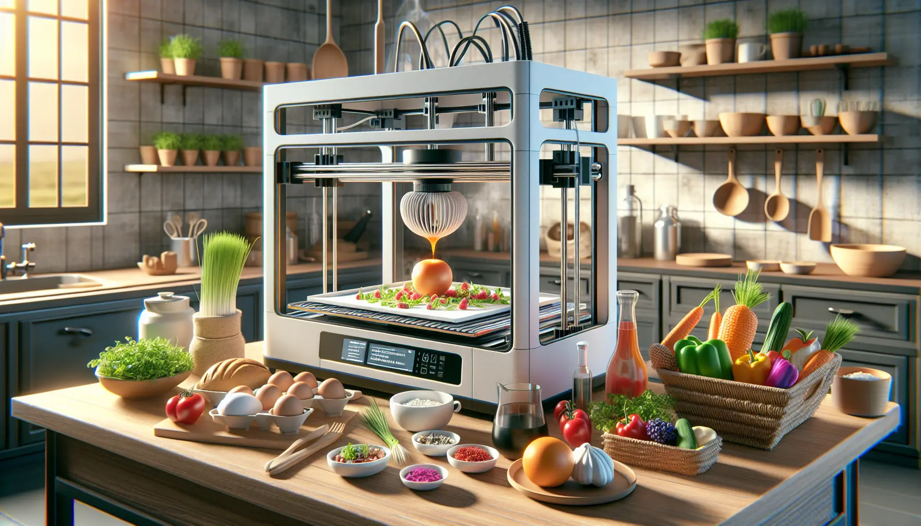 Un piatto di pasta stampata in 3D con ingredienti freschi e colorati