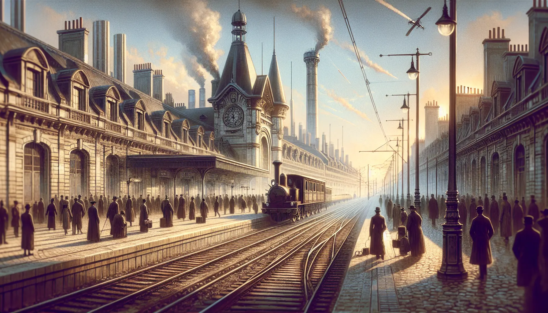 Una rappresentazione artistica della stazione ferroviaria di Parigi Montparnasse con treni moderni e tecnologia avanzata.