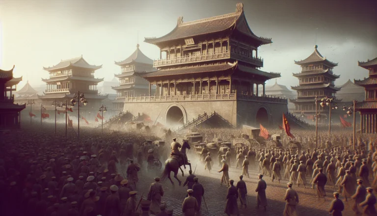 Rappresentazione della Rivolta di Wuchang con soldati e civili in protesta, simbolo di un cambiamento storico in Cina.