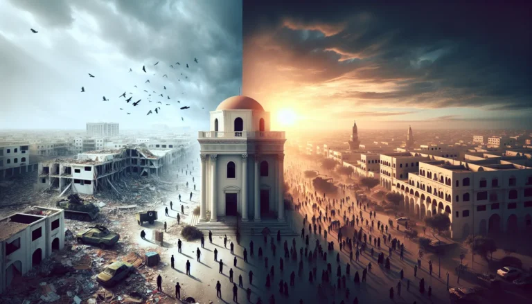 Manifestazioni in Libia durante la guerra civile, con bandiere e striscioni che esprimono la lotta per la libertà.