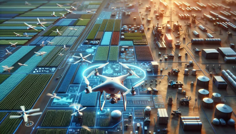 Droni in volo sopra un paesaggio urbano, simbolo di innovazione tecnologica.