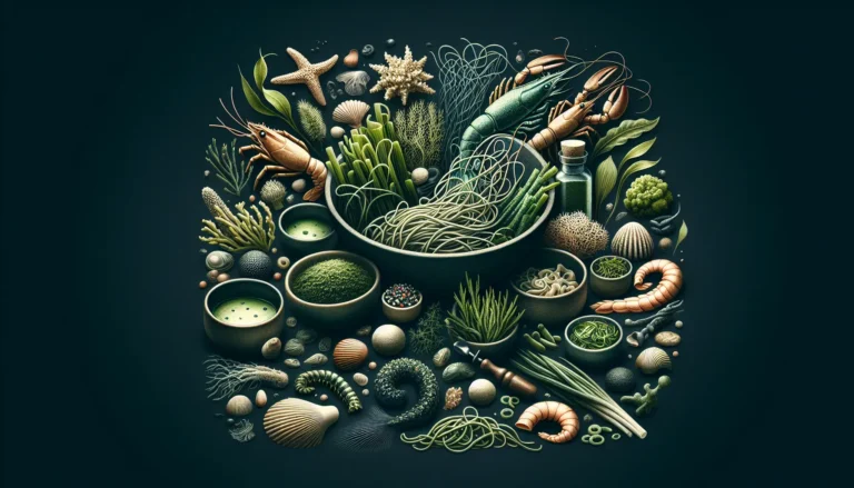 Un piatto innovativo a base di alghe, quinoa e verdure fresche, presentato elegantemente su un tavolo rustico.