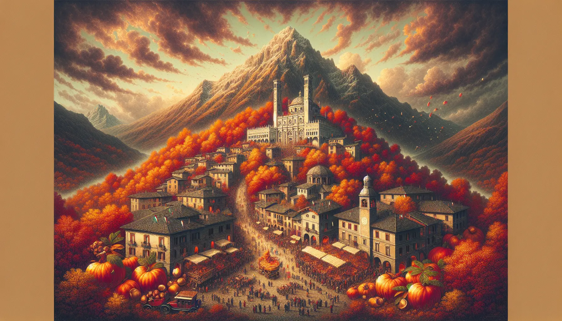 Un banchetto di sagre con castagne arrostite e piatti tipici della tradizione italiana