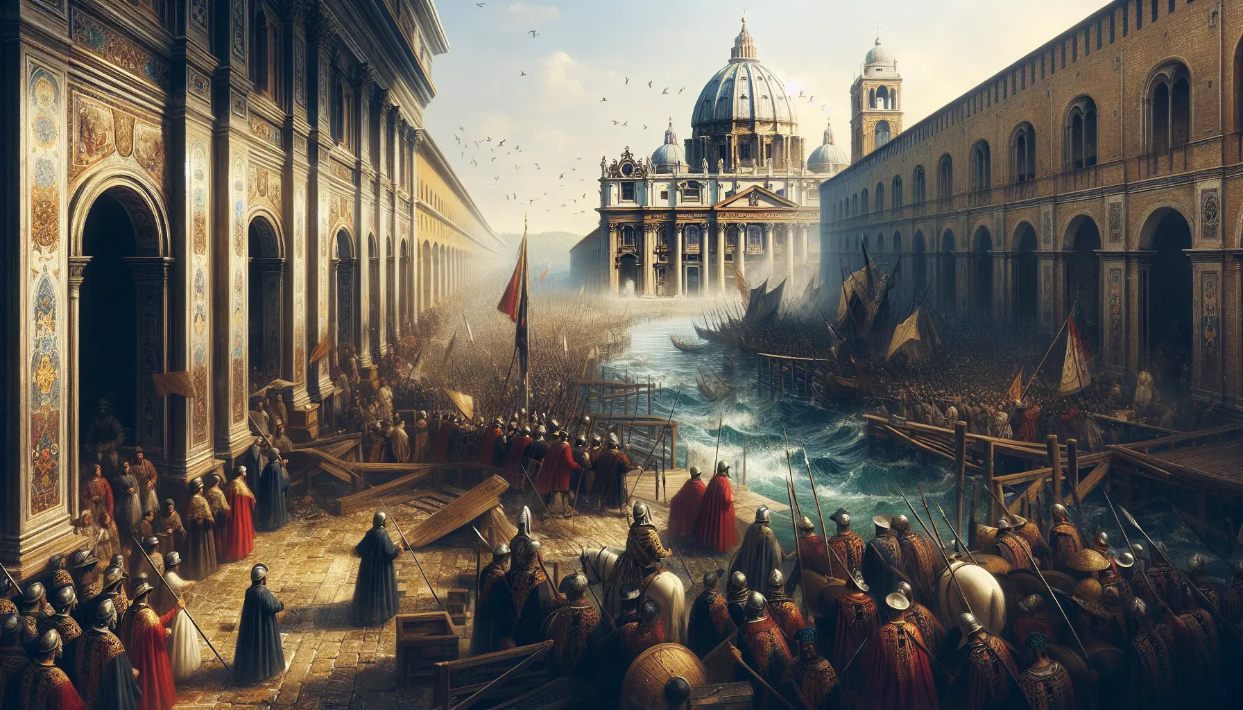 Rappresentazione artistica della Battaglia di Lepanto, con navi da guerra e combattimenti in mare.