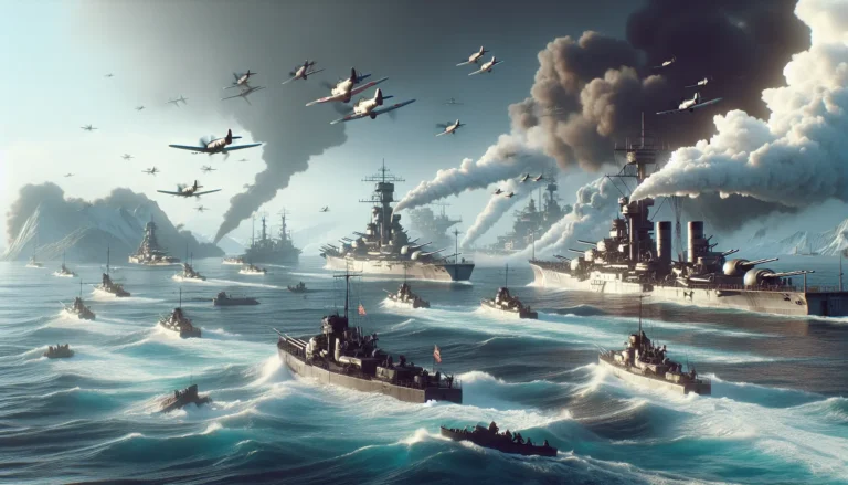 Una rappresentazione della battaglia del golfo di Leyte, con navi da guerra e aerei in azione nel teatro del Pacifico.