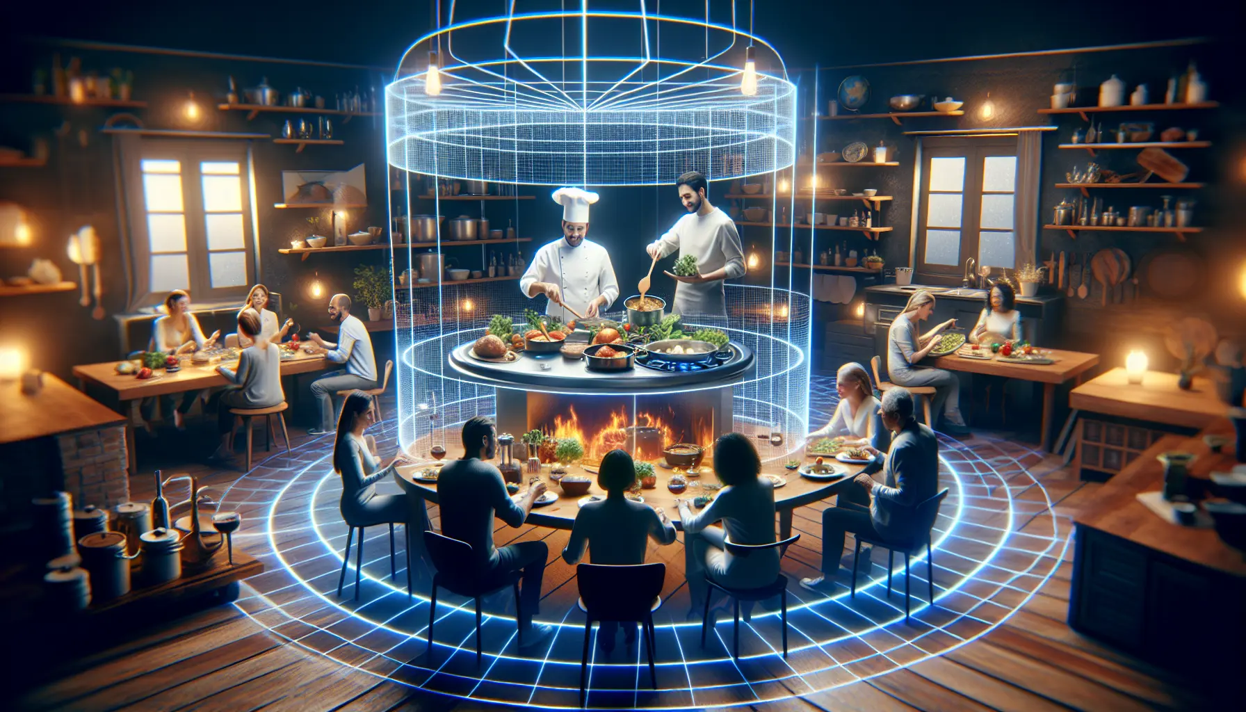 Illustrazione di un gruppo di amici che cucinano insieme in un ambiente virtuale, circondati da ingredienti e piatti tradizionali.