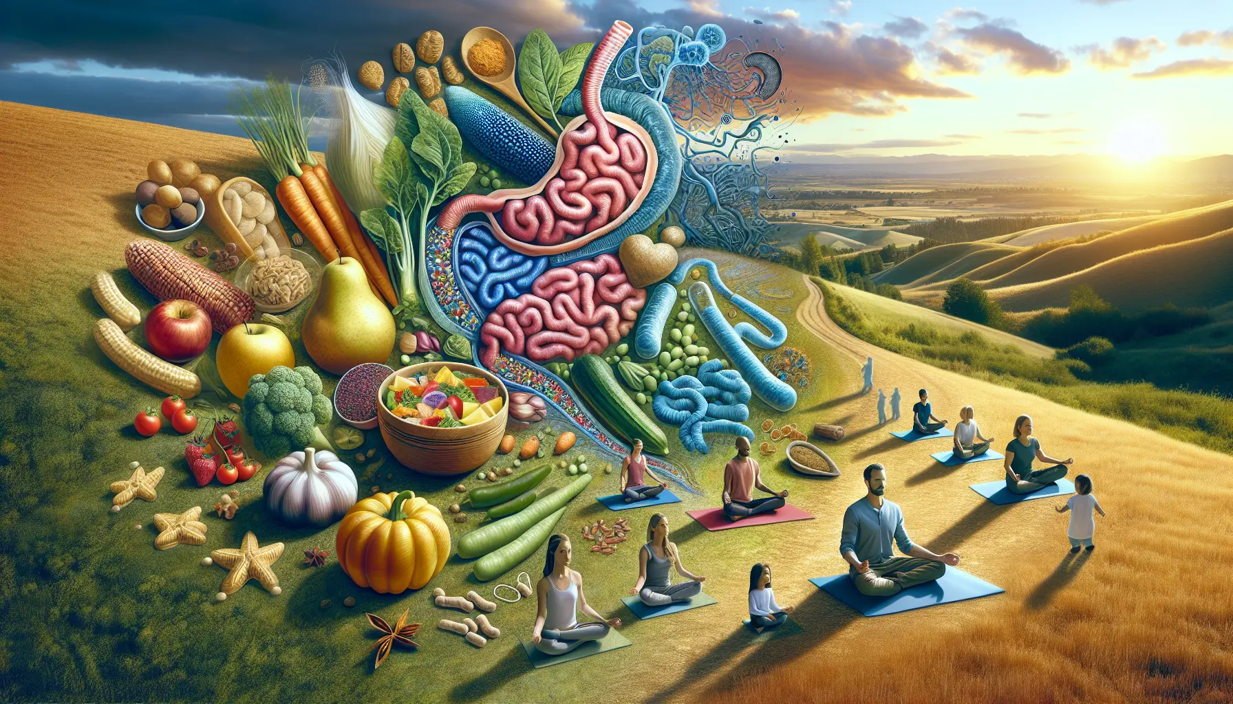 Illustrazione di batteri intestinali e alimenti fermentati che evidenziano la connessione tra dieta e salute.