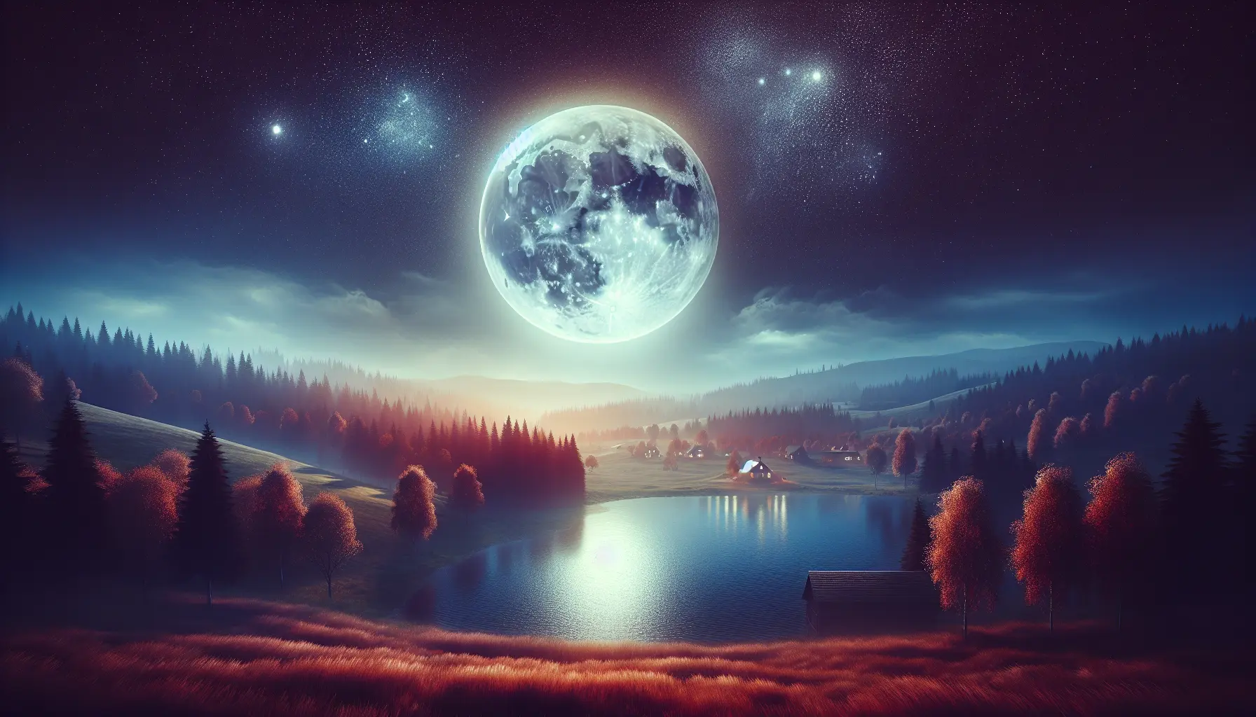 Una vista notturna della luna piena che illumina un paesaggio naturale, evidenziando la bellezza del cielo stellato.