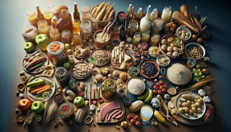 Barattoli di cibi fermentati con kimchi, crauti e kombucha in un mercato locale