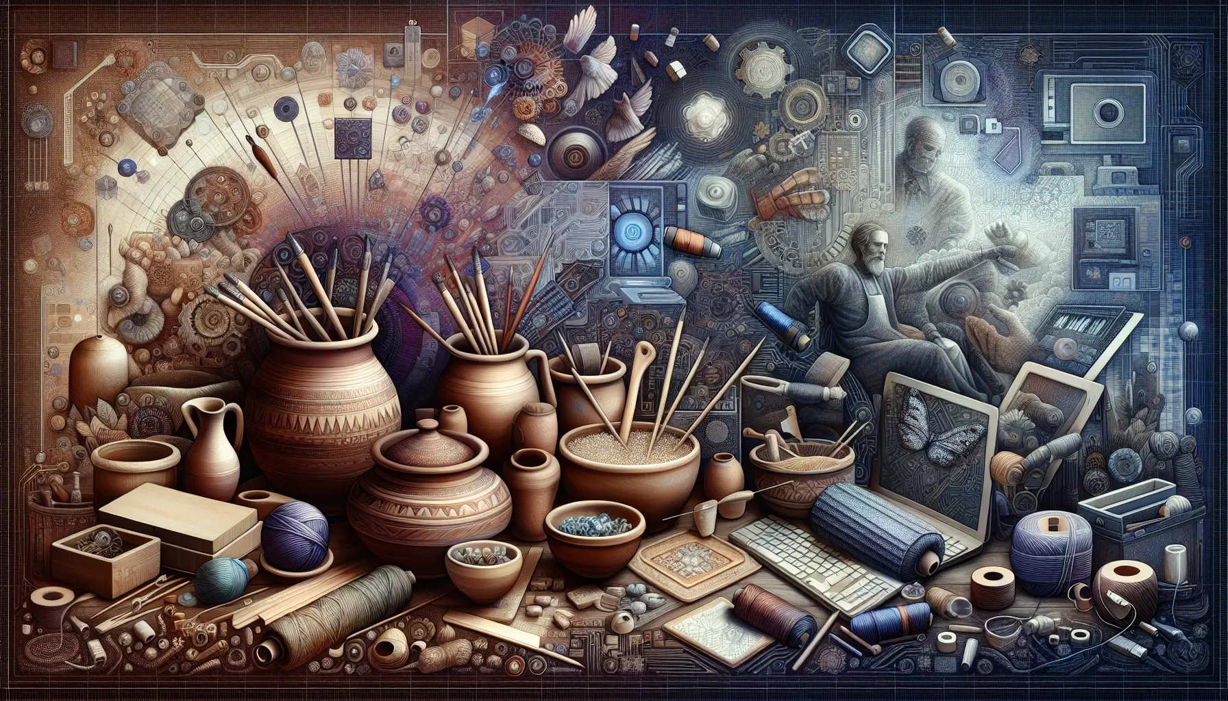 Artigiano che lavora a un progetto manuale, circondato da materiali e strumenti creativi.