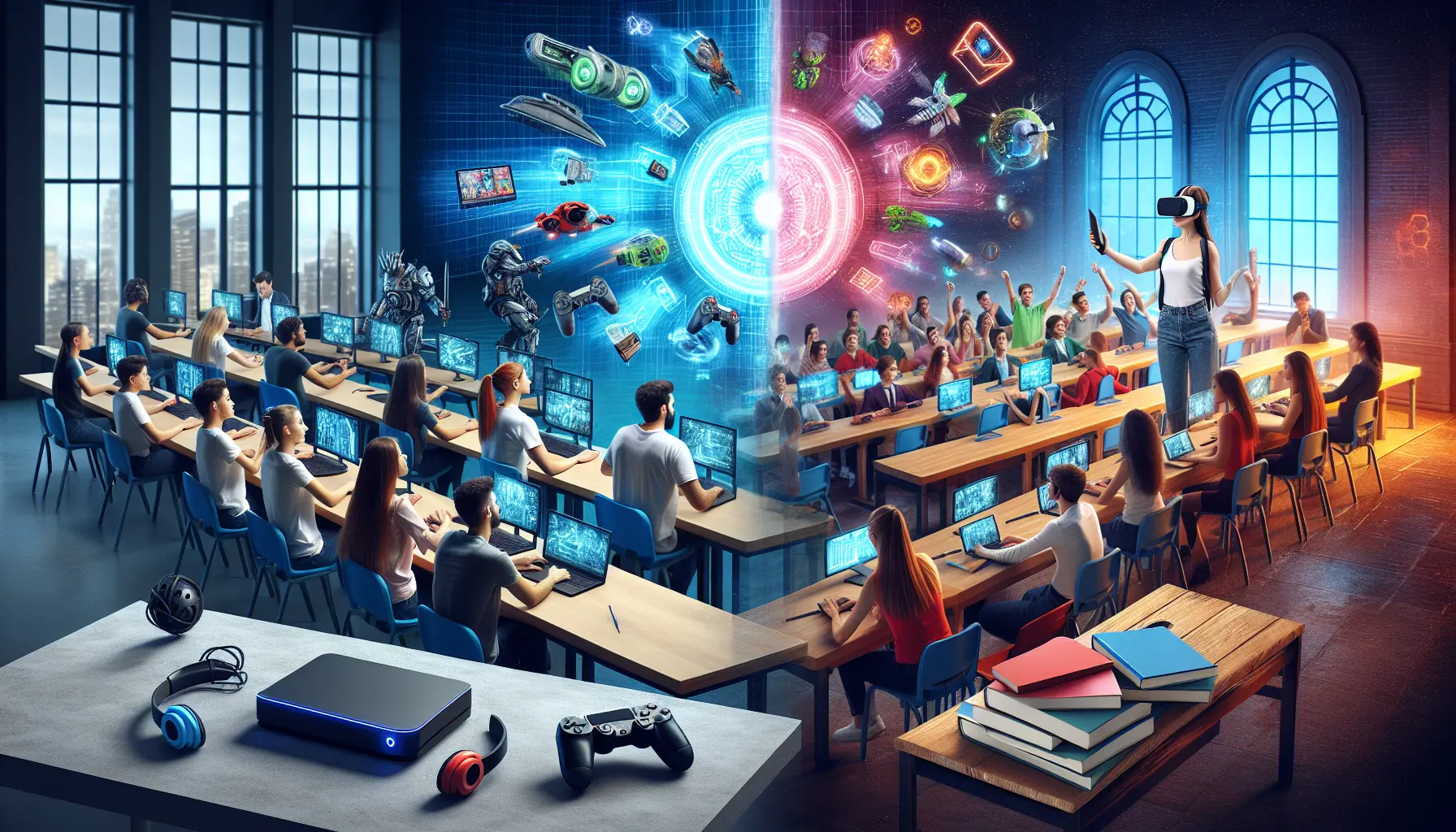 Studente che gioca a un videogioco educativo in un ambiente di apprendimento