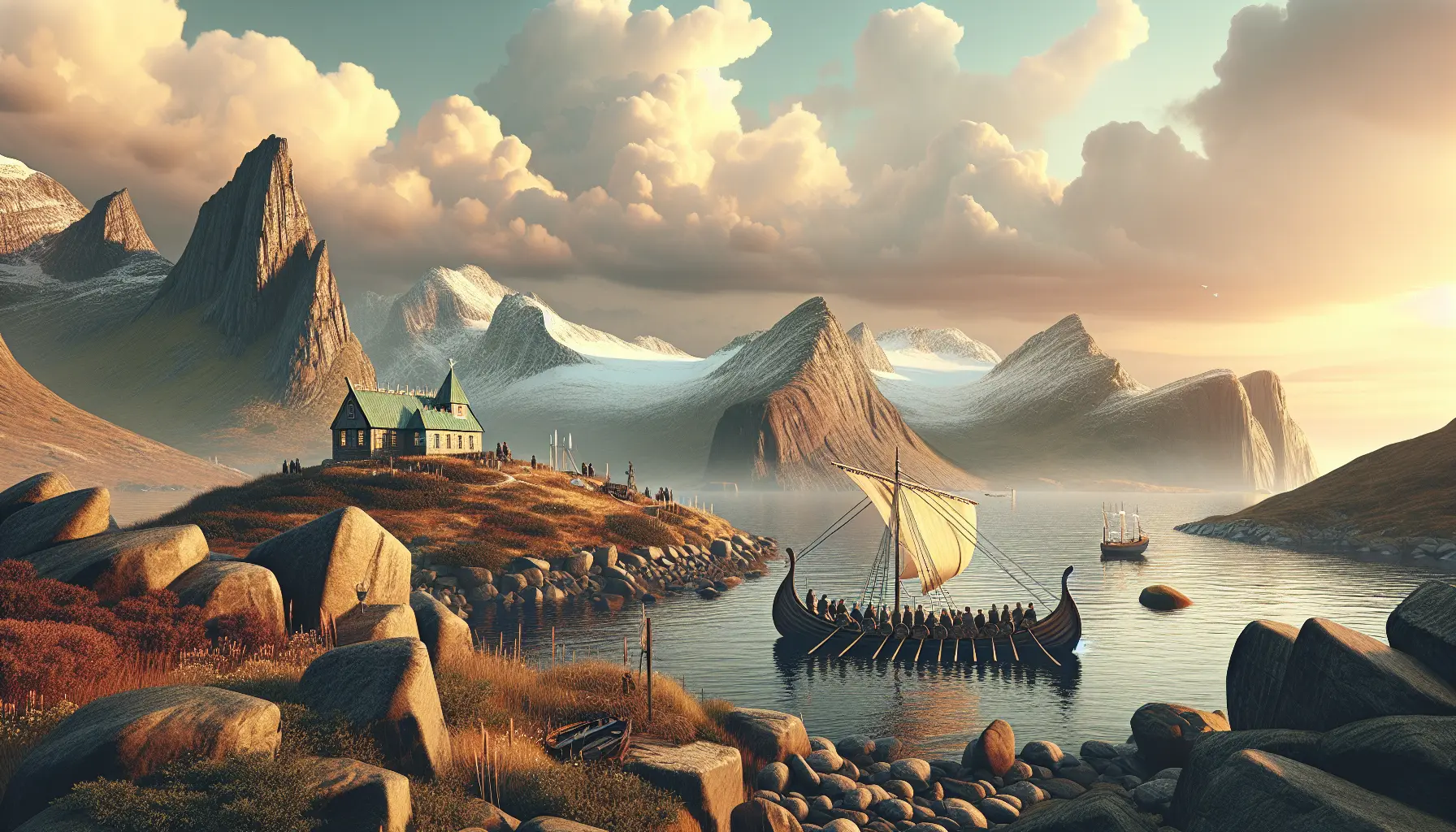 Un paesaggio di Terranova con coste frastagliate e acque cristalline, simbolo delle avventure di Leif Erikson.