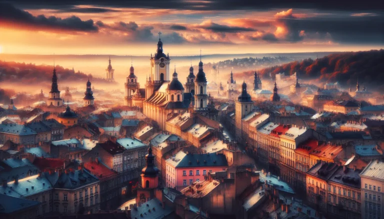 Vista panoramica della piazza del mercato di Leopoli, con architettura storica e vita cittadina vibrante.