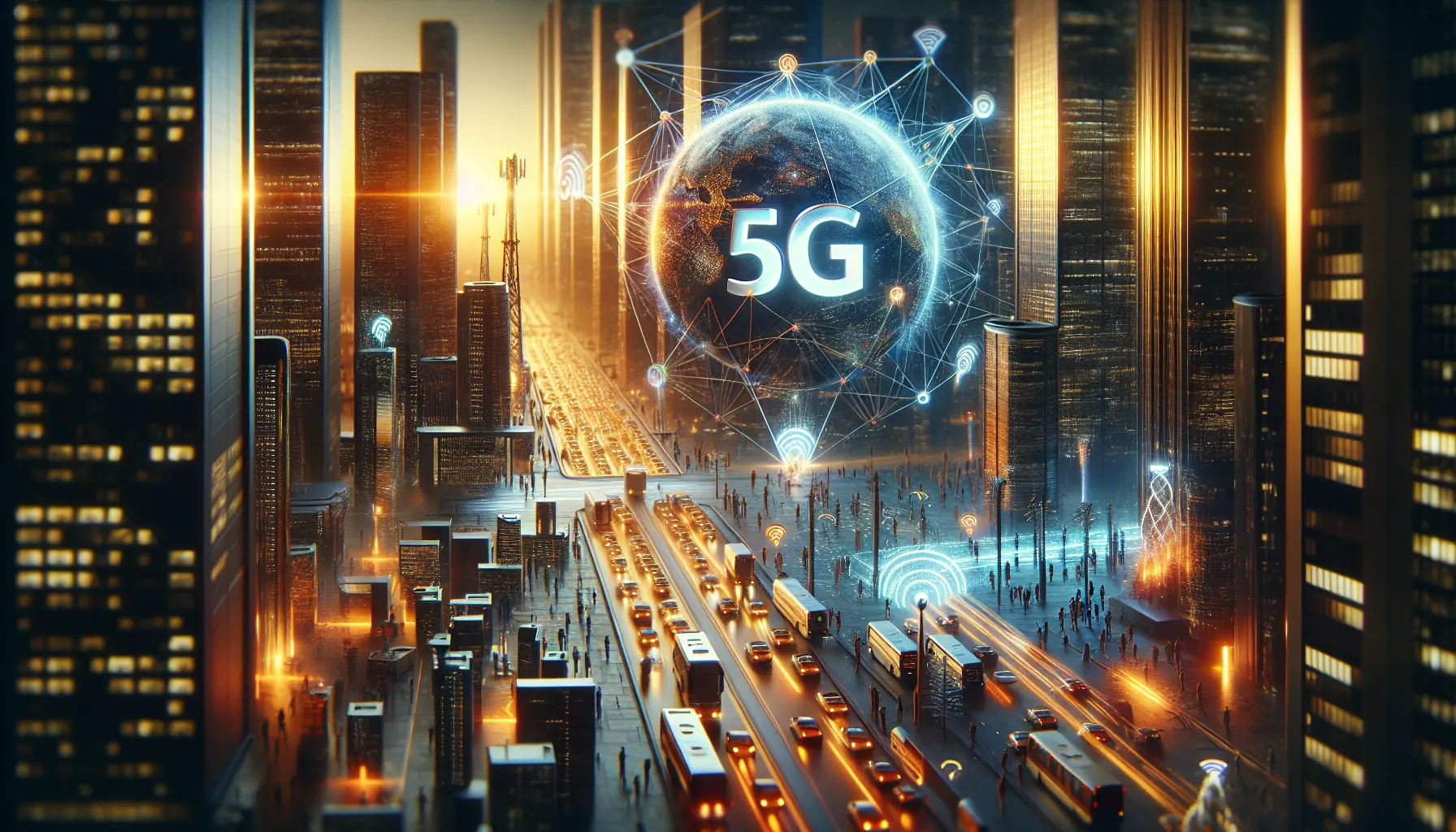 Rappresentazione visiva del 5G con dispositivi connessi e città intelligenti