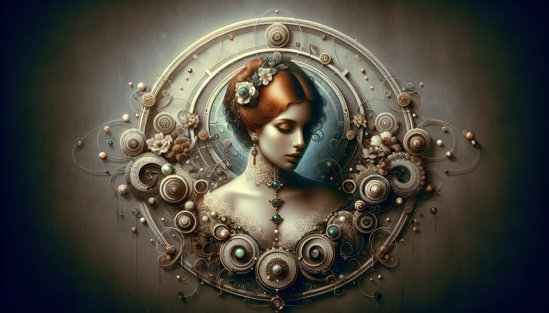 Rappresentazione artistica di una cortigiana del Rinascimento, simbolo di eleganza e potere, circondata da elementi culturali dell'epoca.