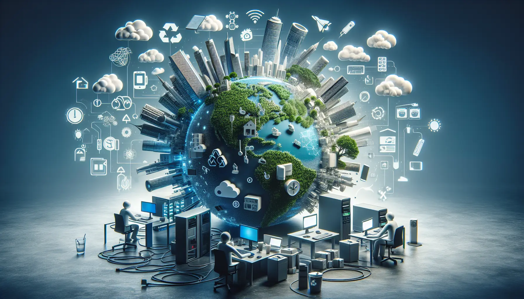 Un computer portatile con un albero che cresce dallo schermo, simboleggiando la connessione tra tecnologia e sostenibilità ambientale.