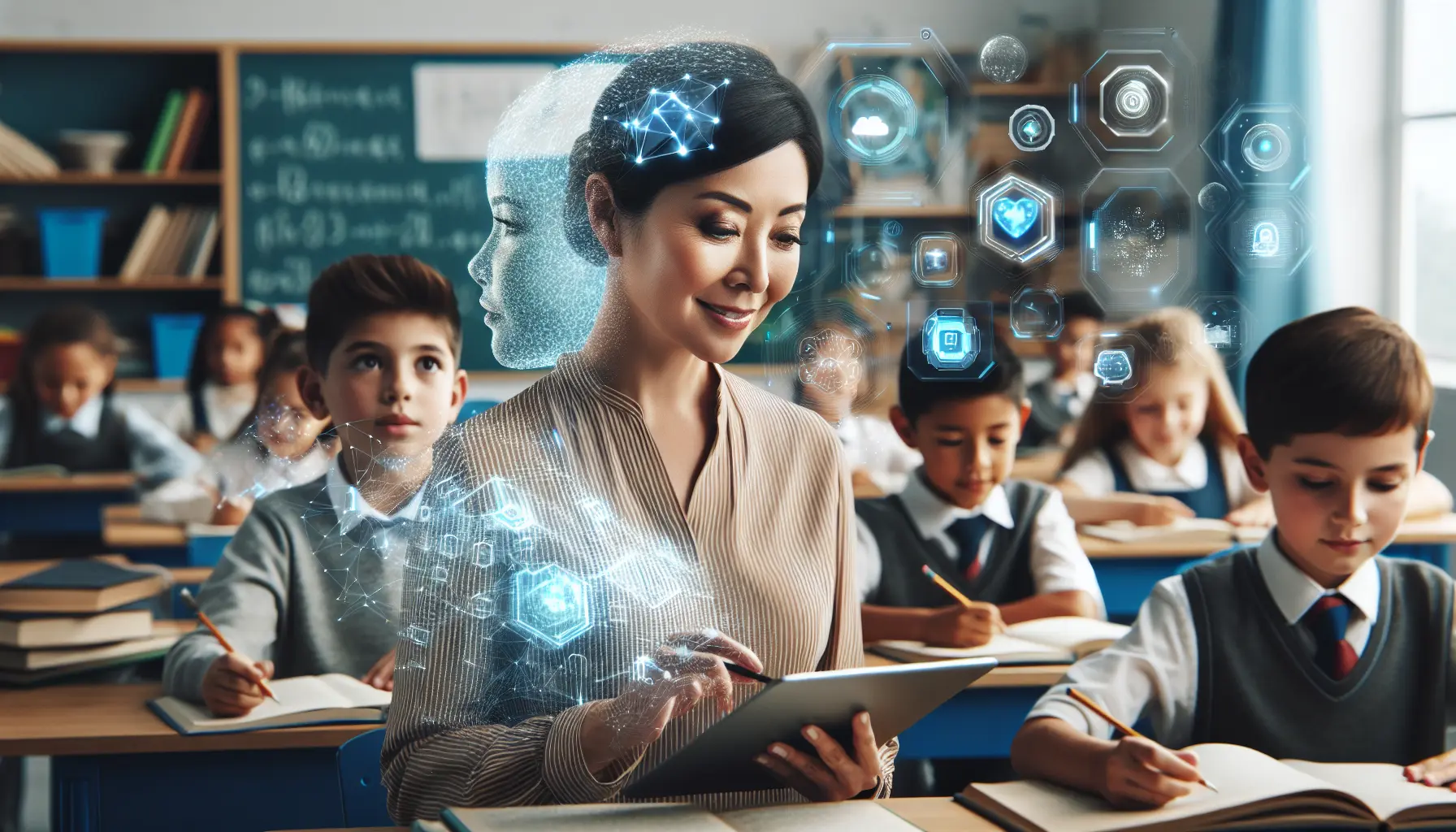 Un insegnante utilizza strumenti di intelligenza artificiale in aula per personalizzare l'apprendimento degli studenti.