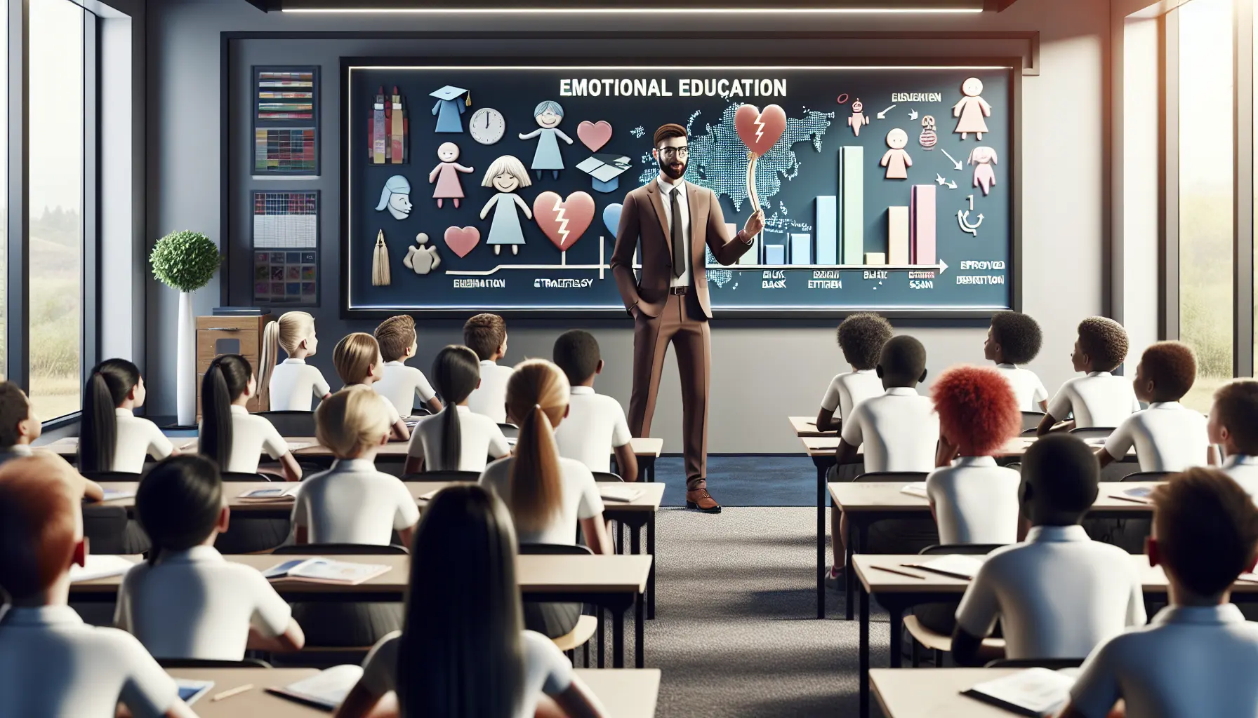 Un'aula scolastica con studenti che partecipano a un'attività di educazione emotiva, mostrando interazioni positive e apprendimento collaborativo.