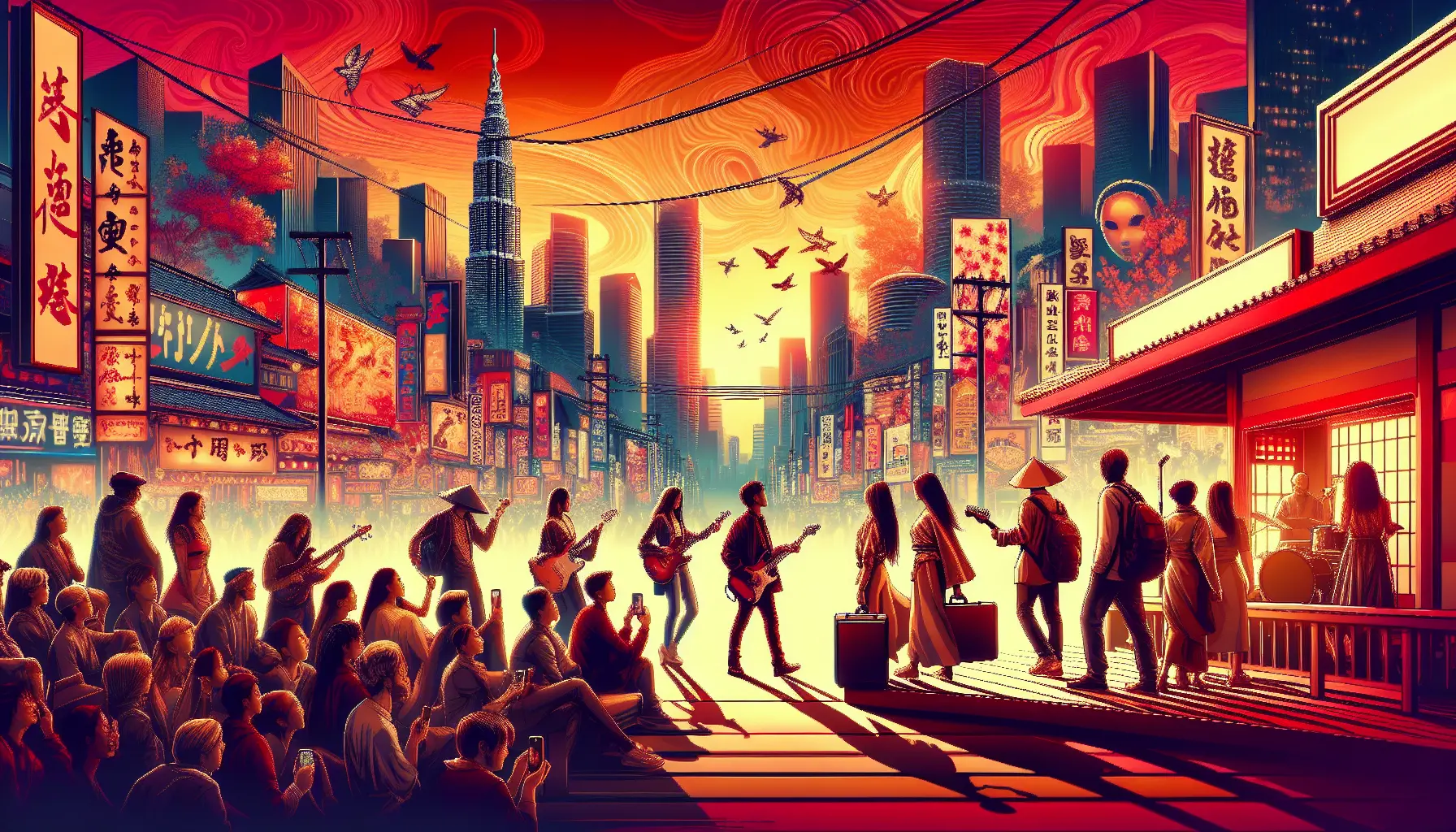 Un collage di elementi della cultura pop asiatica, tra cui K-Pop, anime e cinema, che rappresentano l'influenza globale di queste tradizioni.