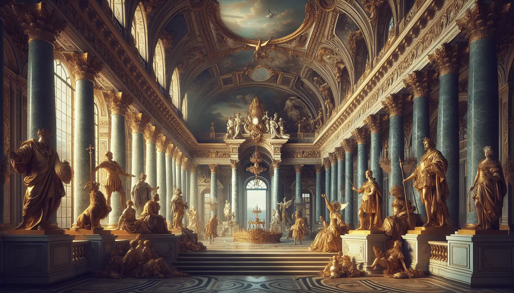 Vista panoramica del palazzo di Versailles con i suoi giardini lussureggianti e l'architettura barocca.