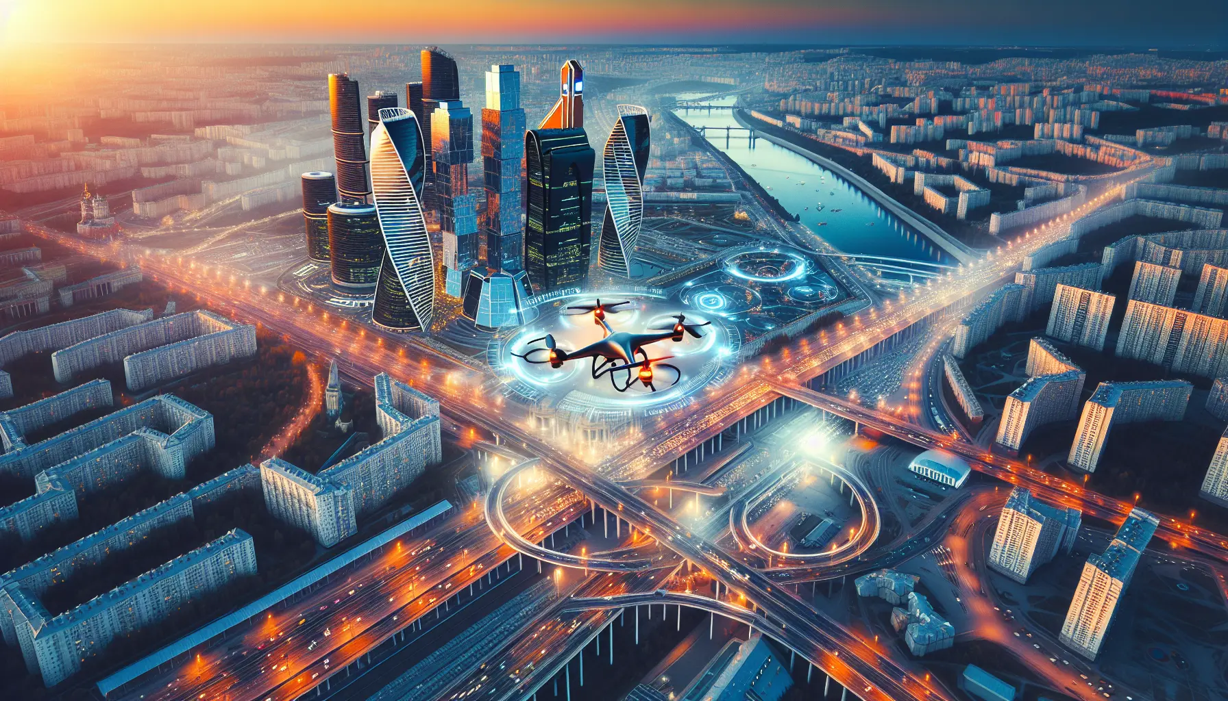 Droni in volo sopra Mosca, simbolo di innovazione tecnologica e sicurezza urbana.