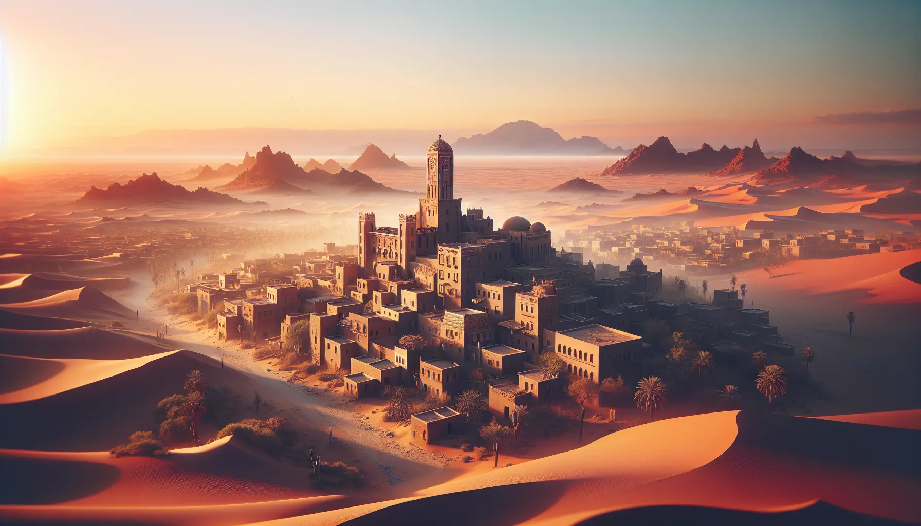 Un paesaggio del deserto del Sahara in Mauritania, con dune dorate e un cielo blu intenso.