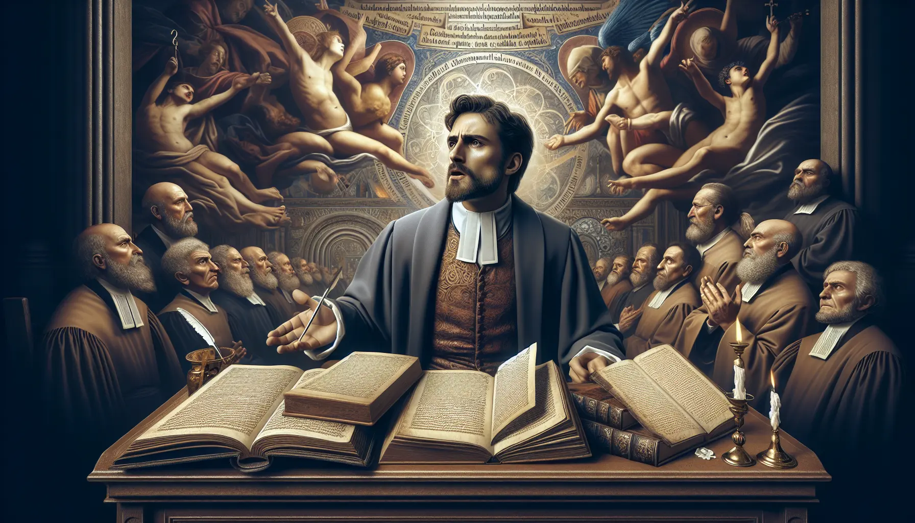 Rappresentazione artistica di Michele Serveto in un contesto di dibattito religioso e scientifico