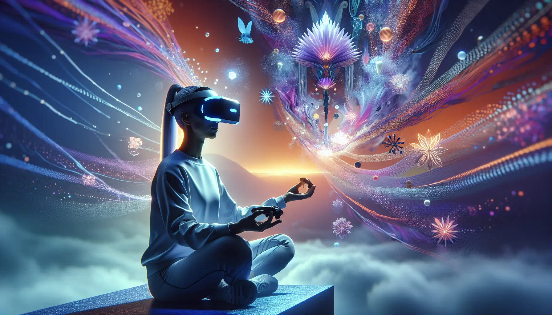 Una persona che pratica mindfulness in un ambiente di realtà virtuale, immersa in un paesaggio naturale.