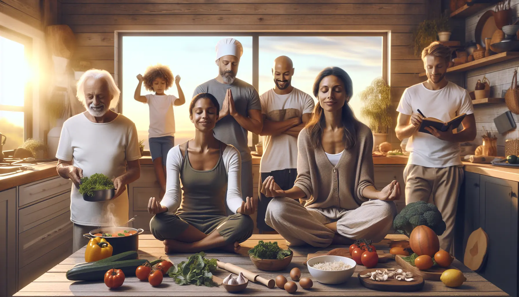 Una famiglia che pratica mindfulness durante una passeggiata nel parco, concentrandosi sulla natura e sul momento presente.