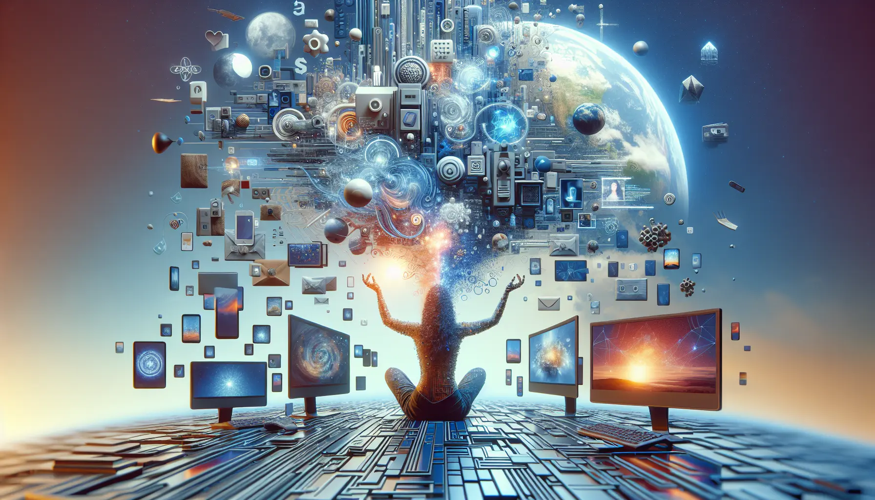 Un'immagine che rappresenta la semplicità digitale, con un computer portatile aperto su uno sfondo minimalista e naturale.