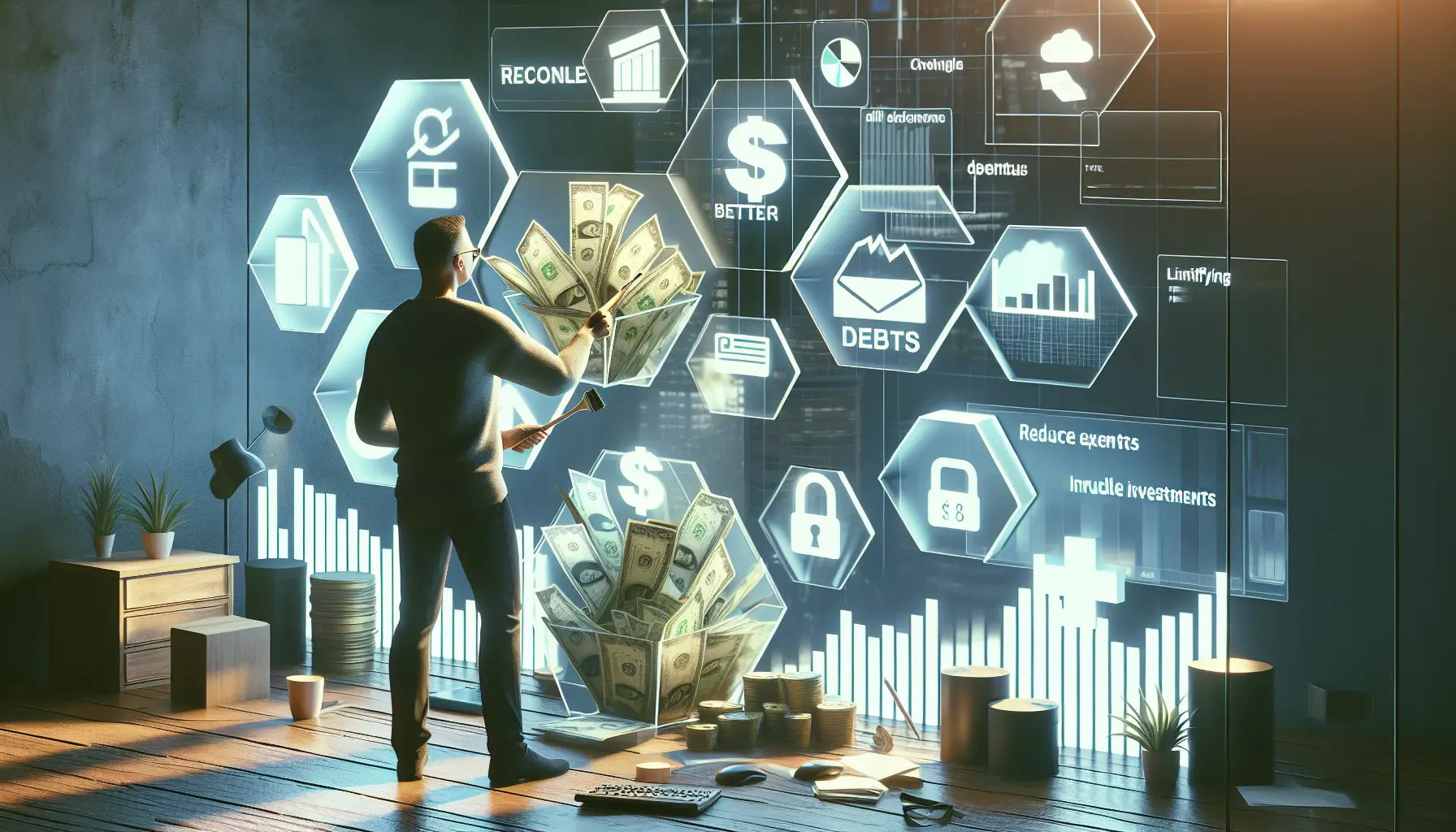 Una persona che riflette su come semplificare la propria vita finanziaria, circondata da pochi oggetti essenziali.