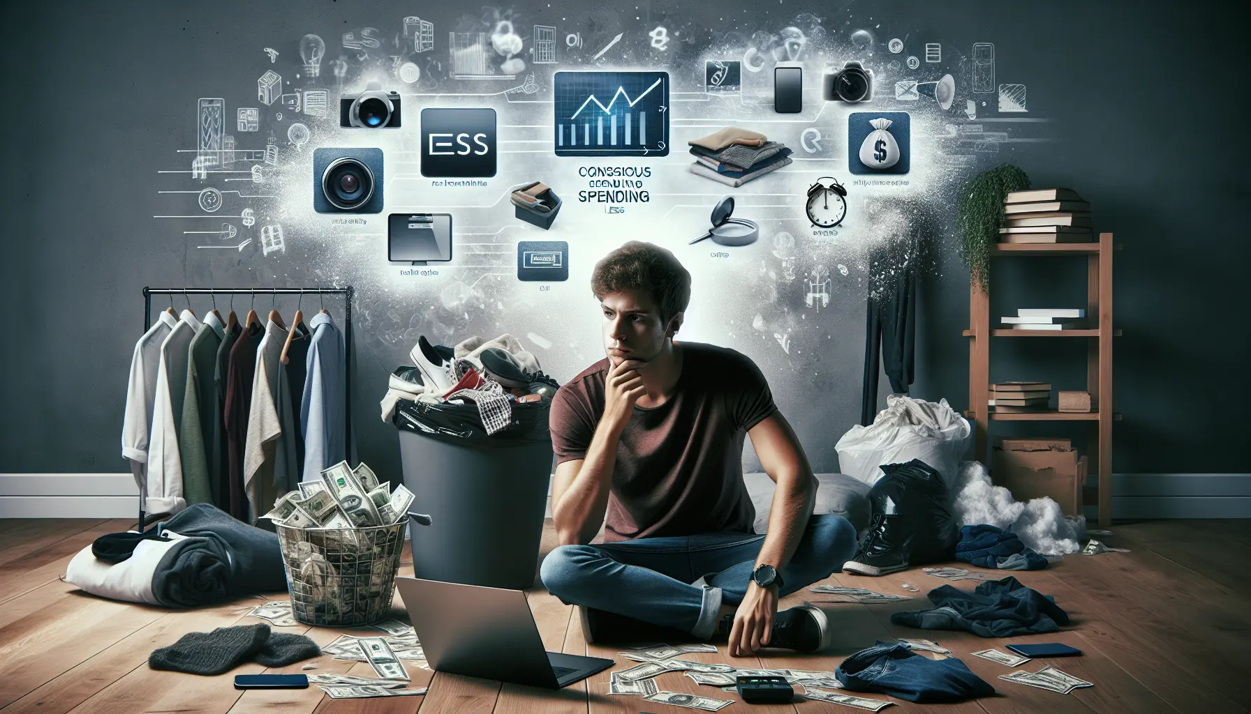 Un giovane che riflette su come semplificare le proprie finanze, circondato da pochi oggetti essenziali.